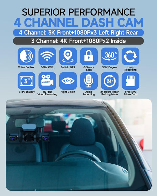 QuadView™ 360 Dash Cam – Ultra HD 4-Channel Car Camera with Night Vision, Parking Guard, Motion Detection & Full Road Protection