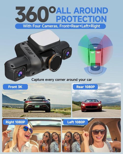 QuadView™ 360 Dash Cam – Ultra HD 4-Channel Car Camera with Night Vision, Parking Guard, Motion Detection & Full Road Protection