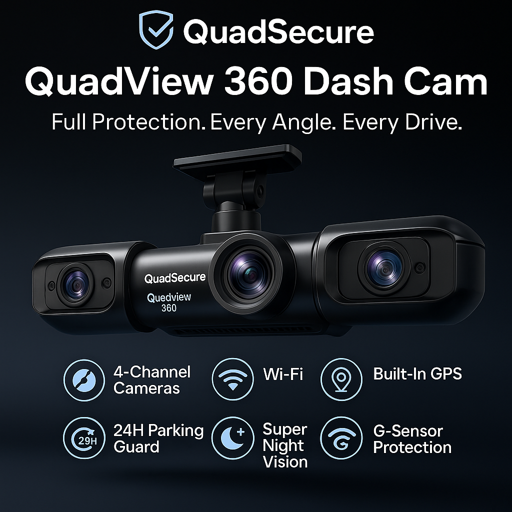 QuadView™ 360 Dash Cam – Ultra HD 4-Channel Car Camera with Night Vision, Parking Guard, Motion Detection & Full Road Protection