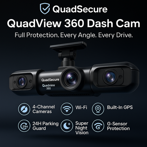 QuadView™ 360 Dash Cam – Ultra HD 4-Channel Car Camera with Night Vision, Parking Guard, Motion Detection & Full Road Protection