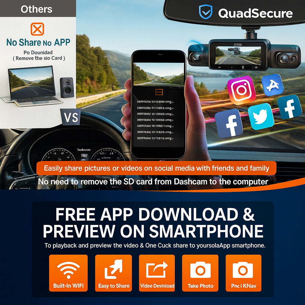 QuadView™ 360 Dash Cam – Ultra HD 4-Channel Car Camera with Night Vision, Parking Guard, Motion Detection & Full Road Protection