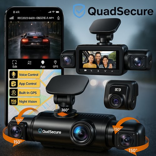 QuadView™ 360 Dash Cam – Ultra HD 4-Channel Car Camera with Night Vision, Parking Guard, Motion Detection & Full Road Protection